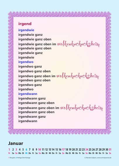 Kalenderblatt Januar des Kalenders Konkrete Poesie 2010