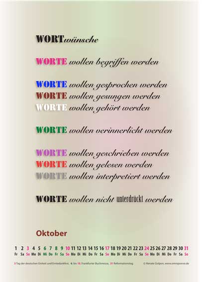 Kalenderblatt Oktober des Kalenders Konkrete Poesie 2010
